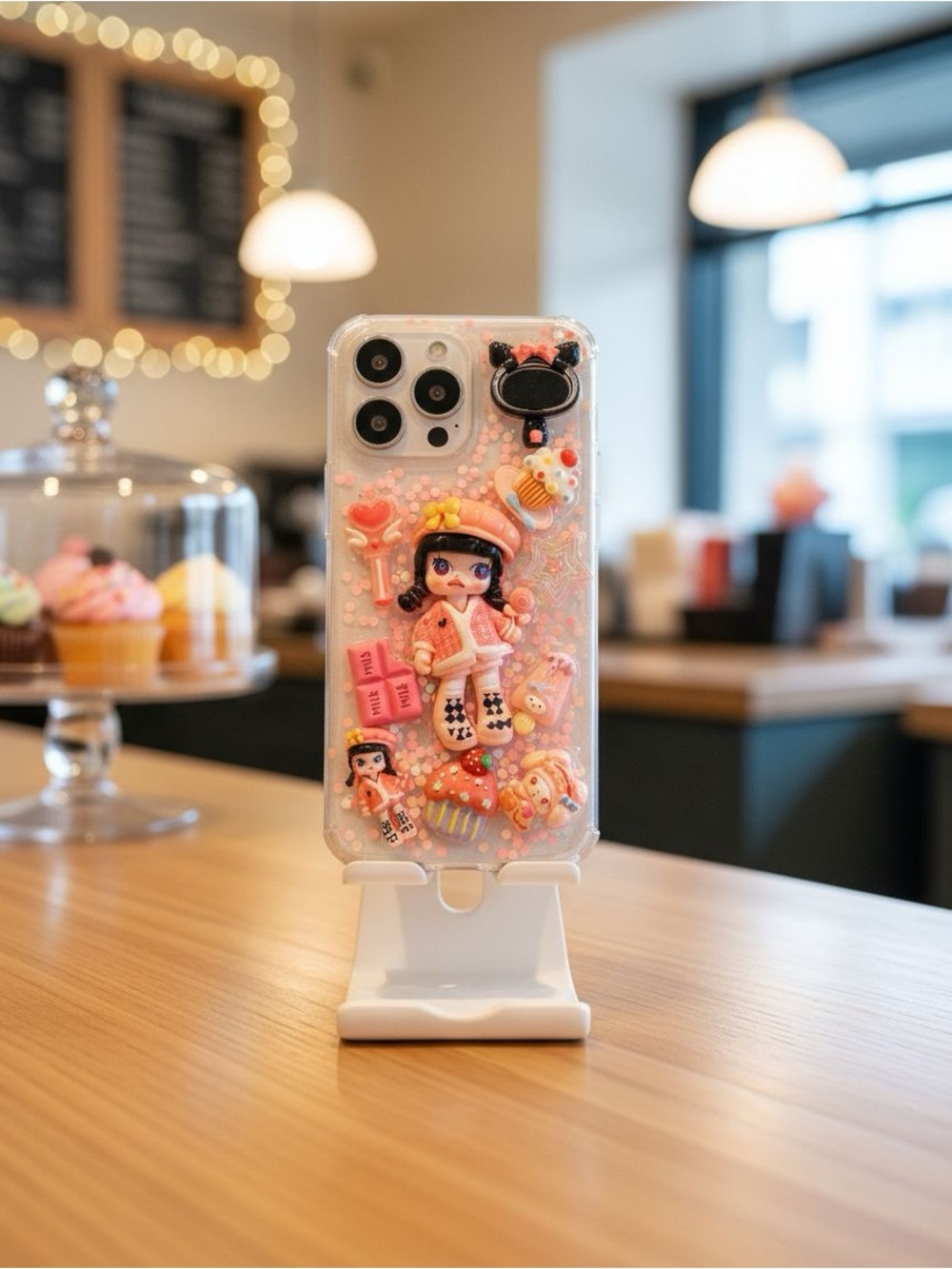 Pink Kawaii Doll Molly Glitter Phone Case with 3D Charms